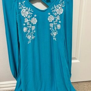 Rock & Roll Cowgirl Asymmetrical Dress in Blue with White Floral Embroidery